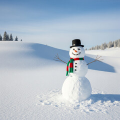 Obraz premium Joyful snowman stands proudly in a pristine winter wonderland under a clear blue sky, celebrating the snowy season with a warm scarf and a cheerful smile, embodying the magic of winter