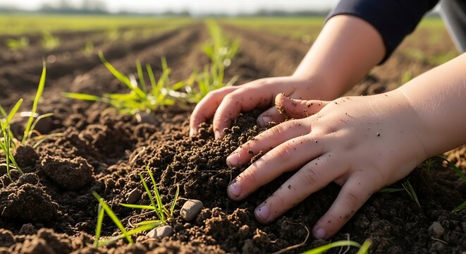 Small hands gently touch the soil in a freshly tilled field.