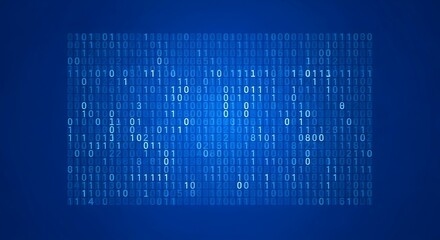 Digital data in binary code illuminates on a dark blue background.