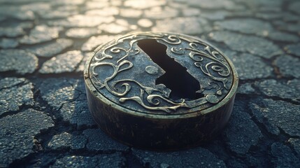 An ornate antique brass lock mechanism with a broken shackle rests on a textured cobblestone surface