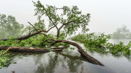 Fallen Tree Branches Submerged in Floodwater Reflecting the Overcast Sky