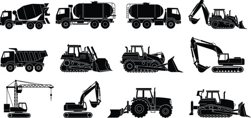 Collection of heavy construction machinery silhouettes including excavators, bulldozers, cranes, dump trucks, and industrial vehicles for building projects © Asik