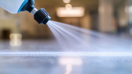 Industrial sprayer dispensing disinfectant solution onto a surface creating a fine mist