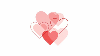 Cluster of pastel hearts in various shades of red and pink on a white background viewed from directly above