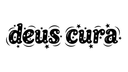 Deus cura logo with stylized text and celestial symbols