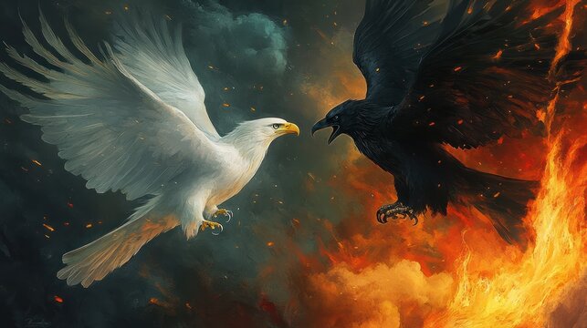 A white eagle opposes a black raven against a background of fire and storm clouds