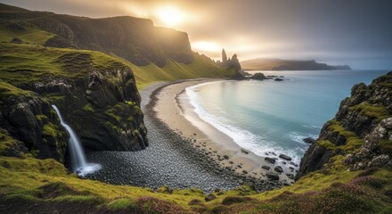 Dramatic coastal landscape features a waterfall cascading onto a pebbled beach under golden sunlight.