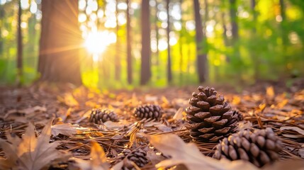 Pinecones and dry leaves scattered on the forest floor bathed in warm autumn sunlight