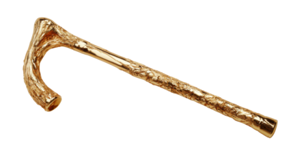 Golden walking cane with intricate texture representing opulence, luxury, wealth, and elegance on transparent background