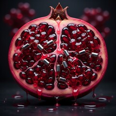 Pomegranate cut in half showing seeds and silver objects inside
