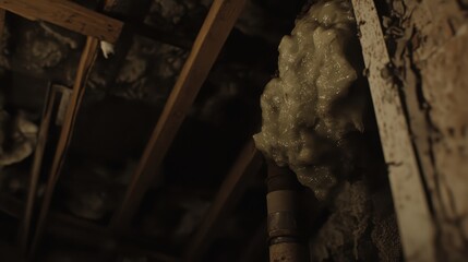 Saturated insulation material pulled from a damaged ceiling in an attic space