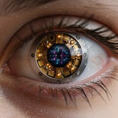 Close up of a human eye with a robotic design inside, showcasing technology and detail