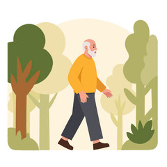 retiree walking in park. Elderly person strolling outdoors. Senior enjoying walk among trees. Mature adult spending time in nature. Elderly set