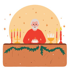 senior at Christmas table. Elderly person celebrating festive dinner. Retired adults enjoying Christmas evening. Seniors gathering for holiday meal. Elderly set