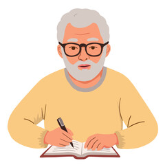 senior man practicing writing. Elderly person learning to write. Retired man focusing on handwriting. Mature adult doing writing practice. Elderly set