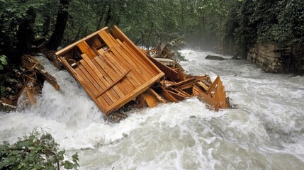 Wooden furniture and household item debris floating in a turbulent river amidst a natural disaster scene