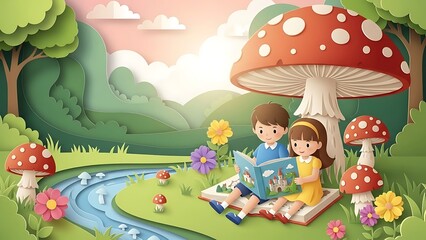Obraz premium Children Reading in Enchanted Forest with Mushrooms