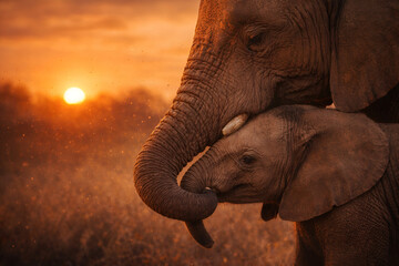 Mother and Baby Elephant Sharing Emotional Moment at Sunset