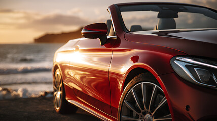 Red Luxury Convertible Car Parked on Beach at Sunset with Ocean Waves.