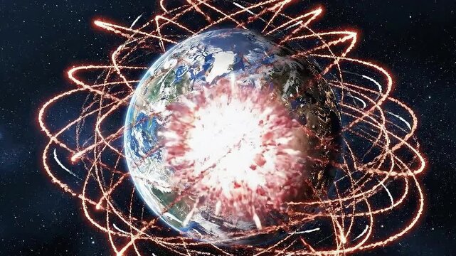 Missiles circle the Earth in space showing global attack trajectories. Concept of world war and existential risk.