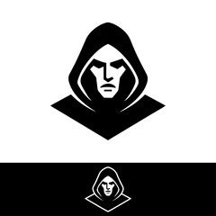 Minimalist Hooded Ninja Assassin Mascot Gaming Logo Design with two backgrounds. 