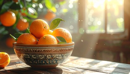 Fresh Oranges in Ceramic Bowl on Wooden Table.
