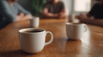 Two white coffee cups sit on a warm wooden table with blurred people in the background suggesting a morning meeting or conversation