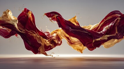 Painting of two red and gold flowing fabric with a splash of water. The painting is abstract