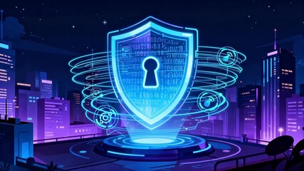 Digital shield in futuristic cityscape - Powered by Adobe