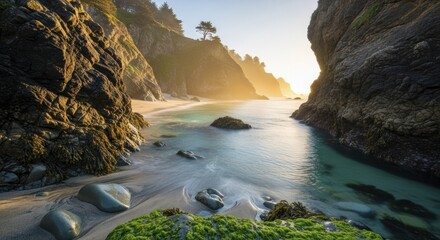 Serene ocean inlet reveals rocky coastline illuminated by warm sunlight