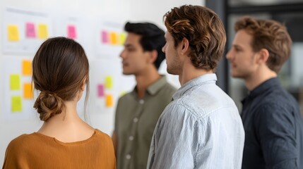 Diverse professionals collaborate around a wall with colorful sticky notes and charts during a strategic business meeting