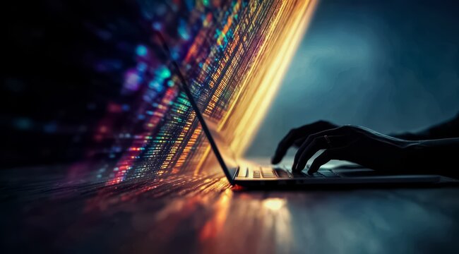 Person is typing on a laptop computer with a colorful background. Concept of creativity and productivity