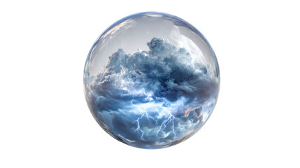 Crystal ball visualizing a severe thunderstorm with dark clouds and lightning, predicting extreme weather conditions