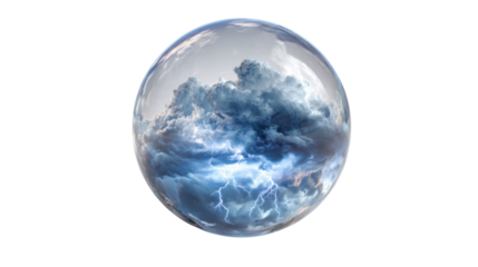 Crystal ball visualizing a severe thunderstorm with dark clouds and lightning, predicting extreme weather conditions
