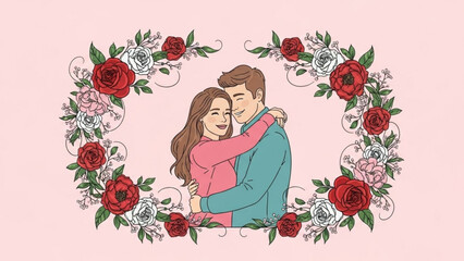 Romantic couple embracing tenderly surrounded by a floral wreath of red and white roses on a soft pink