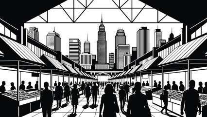 Indoor city market silhouettes with people shopping at stalls, urban skyline background with skyscrapers, local bazaar scene, commercial retail trade center, vector illustration, urban. © It's Majed Here