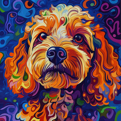 Vibrant abstract portrait of a fluffy dog in swirling blues and warm oranges