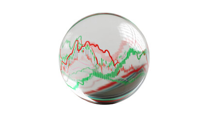 Crystal ball revealing financial charts, stock market data, and economic forecasts, symbolizing future market trends. Transparent background