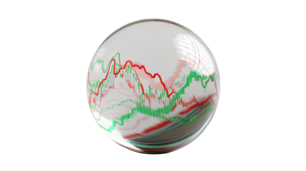Crystal ball revealing financial charts, stock market data, and economic forecasts, symbolizing future market trends. Transparent background