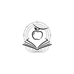Fototapeta premium Minimalist line art of apple over open book in circular frame — symbolic illustration for Newton’s Day or science education