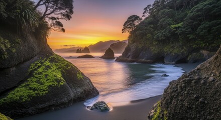 Dramatic coastal inlet reveals vibrant sunset colors illuminating ocean water and surrounding rock formations