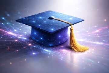 Digital graduation cap with glowing blue network connections representing modern education and technology