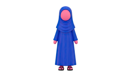 3D cartoon Muslim girl in blue hijab and dress on transparent background