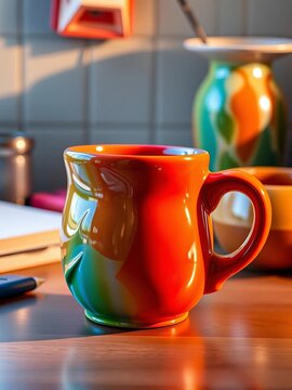 A brightly colored, oddly shaped mug, a delightful addition to any desk or kitchen,  odd,  colorful