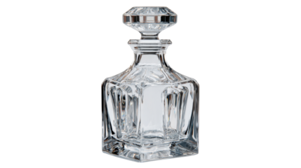 Crystal decanter with stopper, empty and transparent, showcasing luxury and elegance for spirits presentation