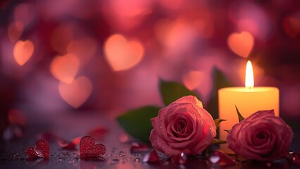Fototapeta premium A romantic setup with roses, a candle, and heart-shaped decorations in a warm and cozy atmosphere.