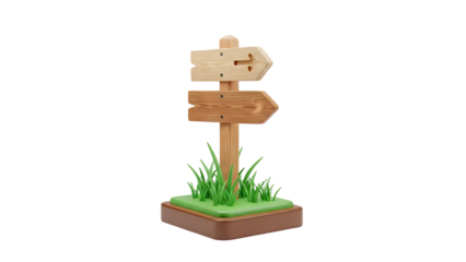 3D Cartoon Wooden Signpost with Arrows and Grass on transparent background