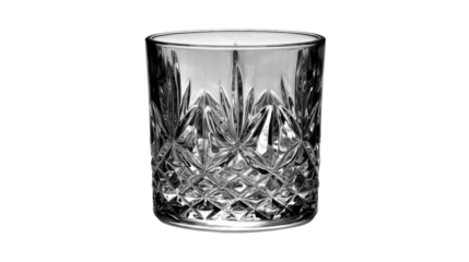Empty cut glass whiskey tumbler with textured side, clear crystal drinkware on transparent background, vintage barware design