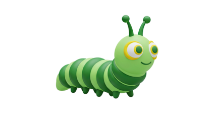 3D Cute green cartoon caterpillar character with antennae on transparent background