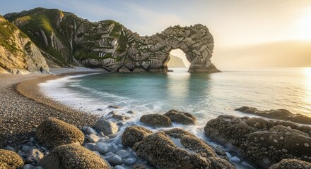 Coastal formation featuring a dramatic rock arch situated over tranquil turquoise water at sunrise
